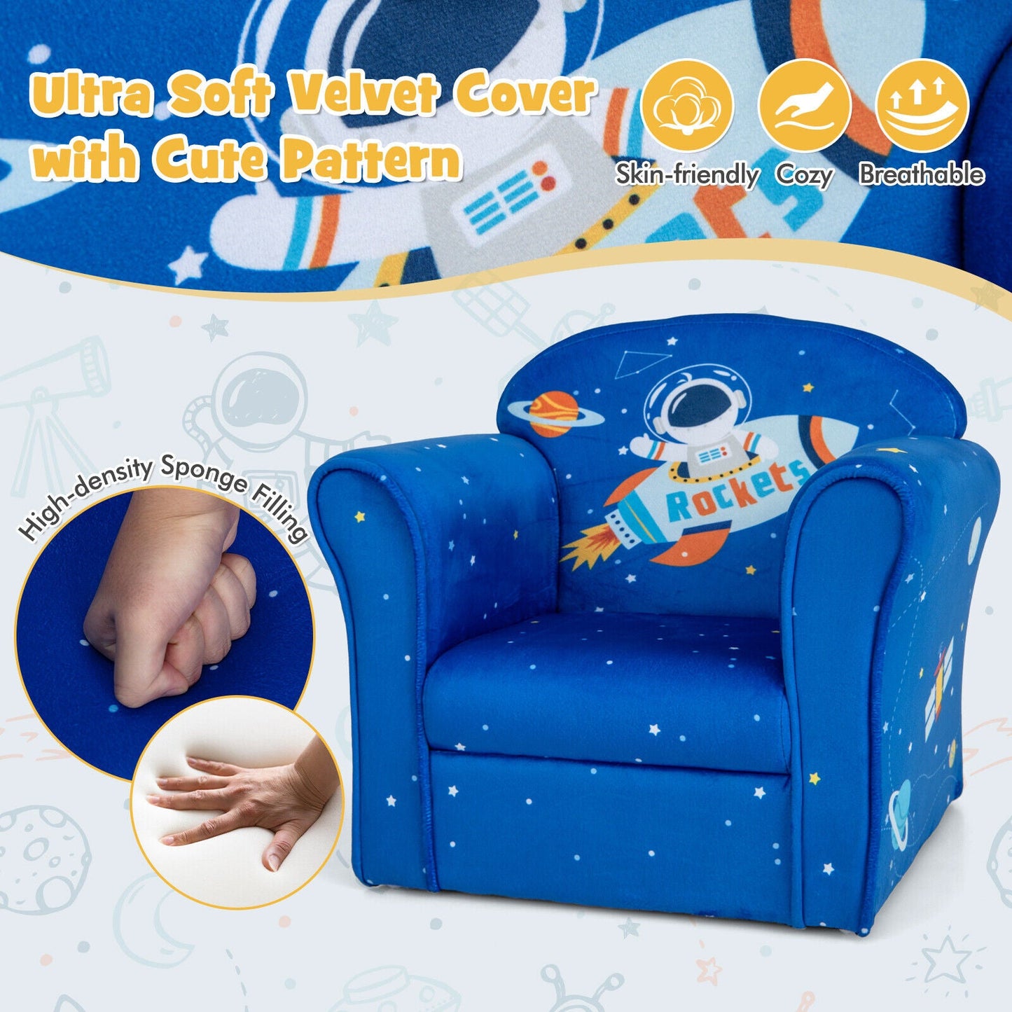 Fauteuil rembourré pour tout-petit - Bleu avec cadre en bois massif