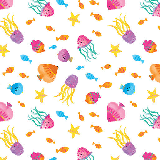 Tropical Fish White Cotton Fabric - 44"/45" Per Yard