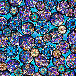 Tela de Algodón Floral de Vidrio Templado en Mosaico Turquesa