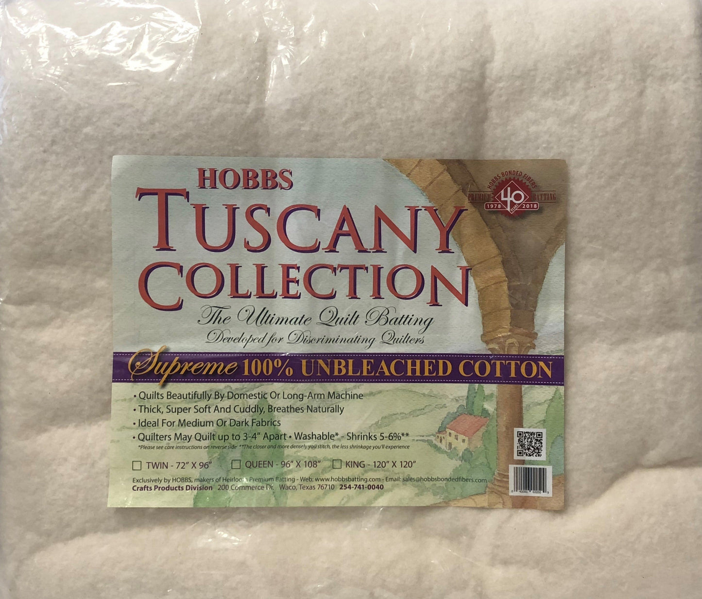 Hobbs Tuscany Supreme 100% Algodón Natural Batting - Tamaño Queen
