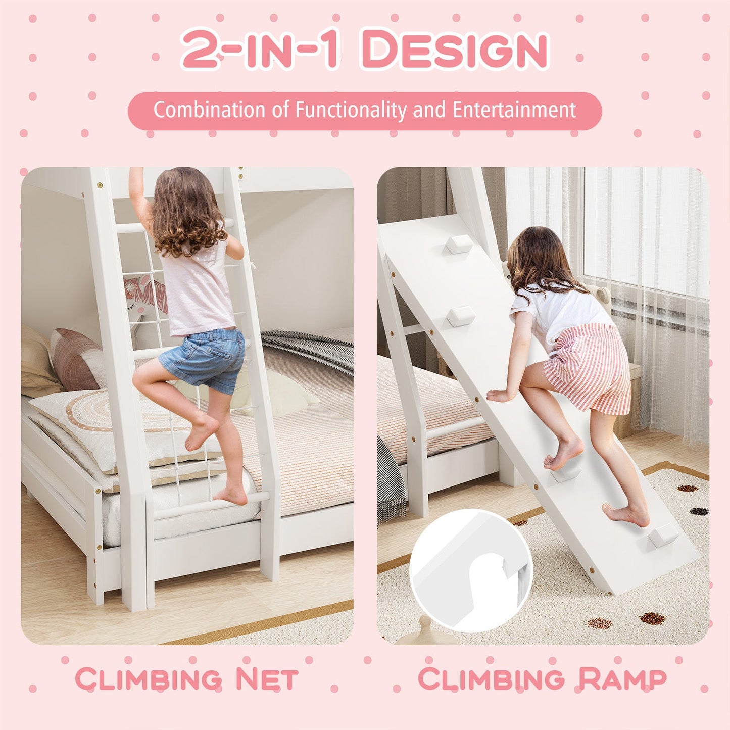 Cama litera Twin sobre Queen con redes de escalada y rampa - Blanca