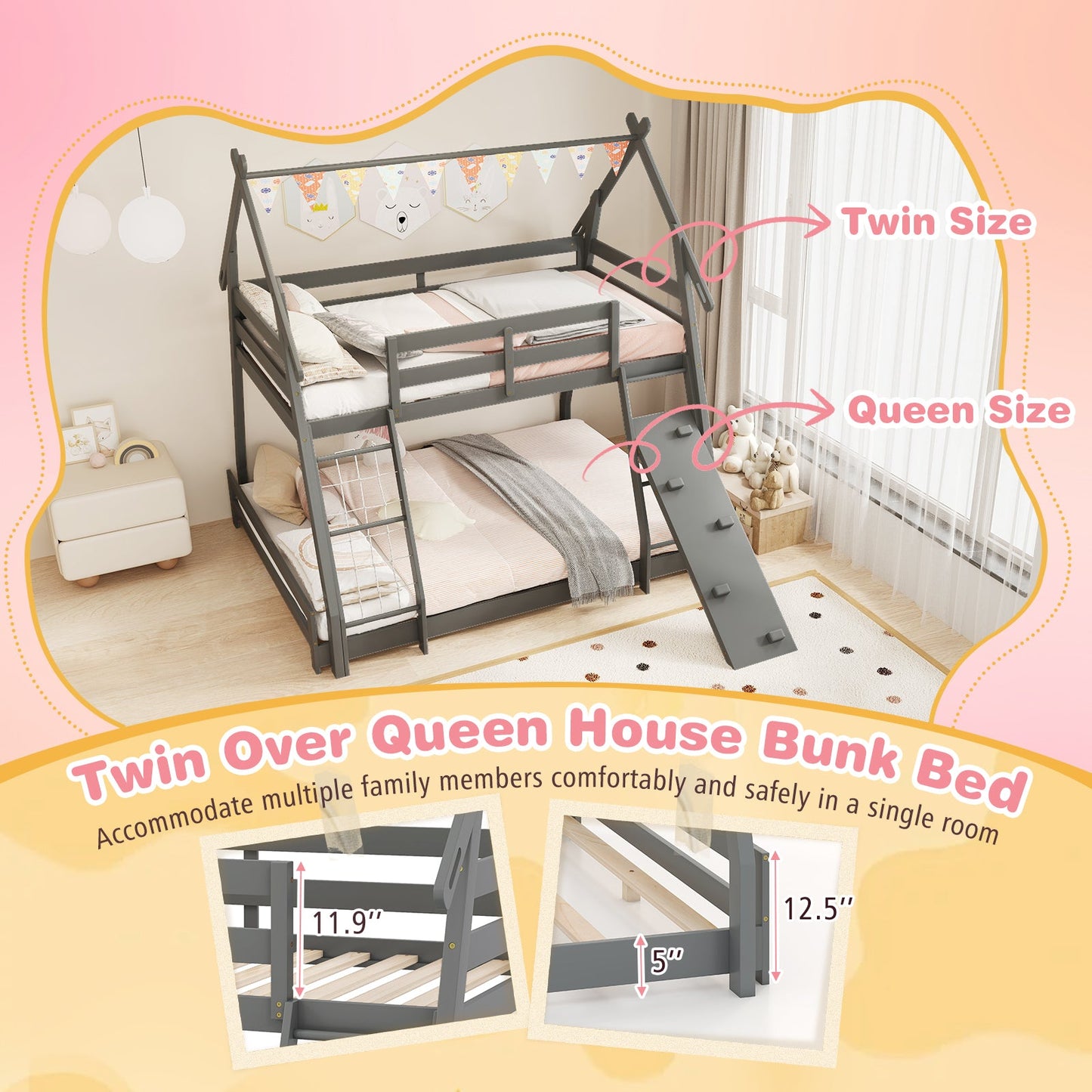 Twin Over Queen Bunk Bed with Climbing Nets - Gray