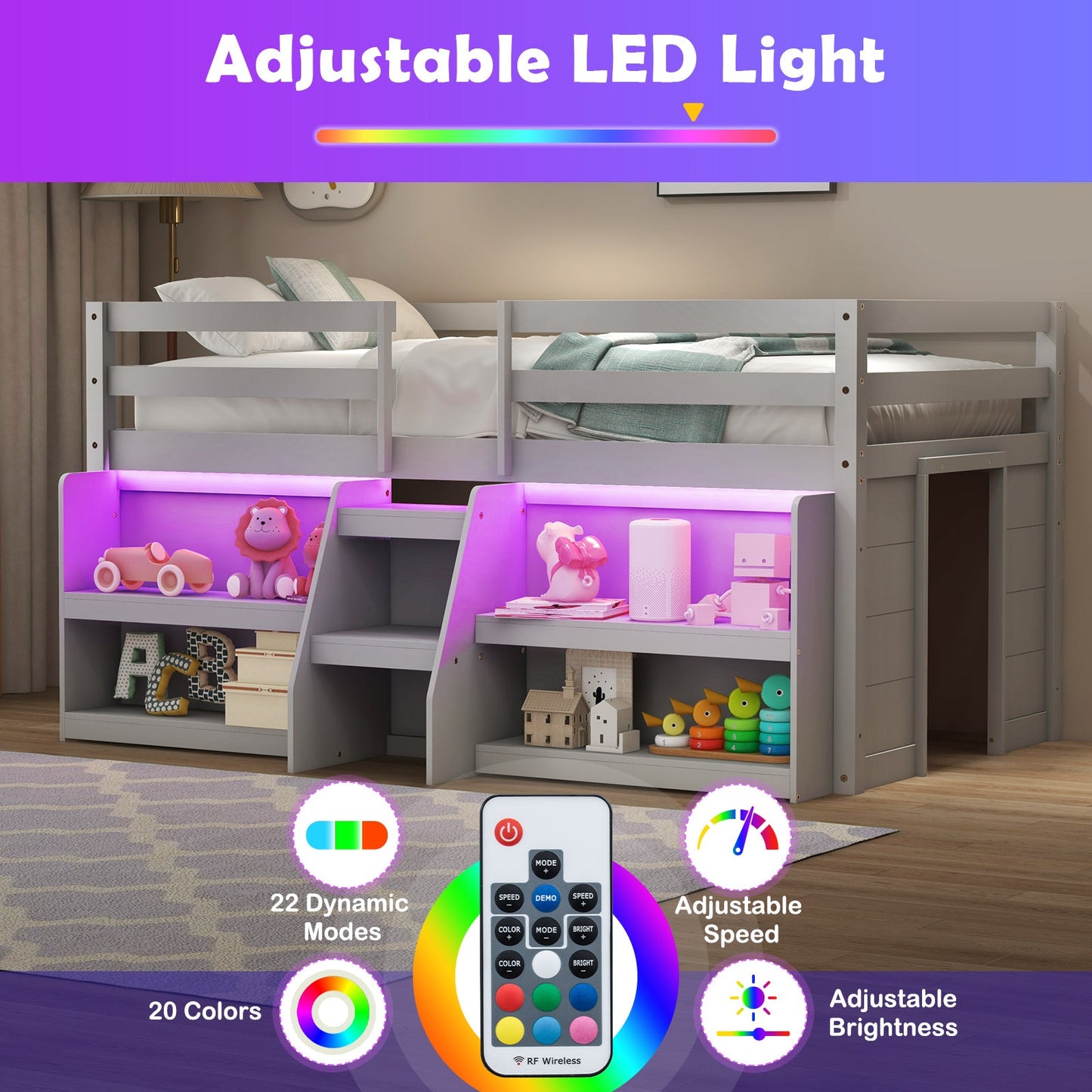 Twin Size Loft Bed with LED Lights and Staircase - Gray