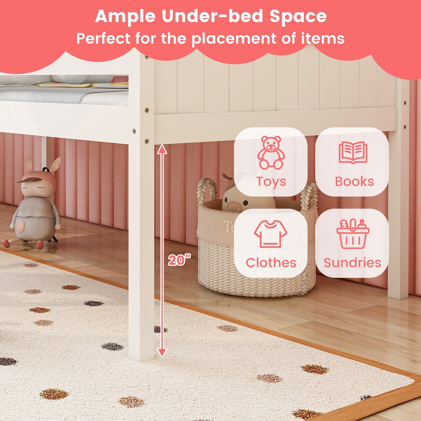 Twin Size Kids House Bed Low Loft Frame - White