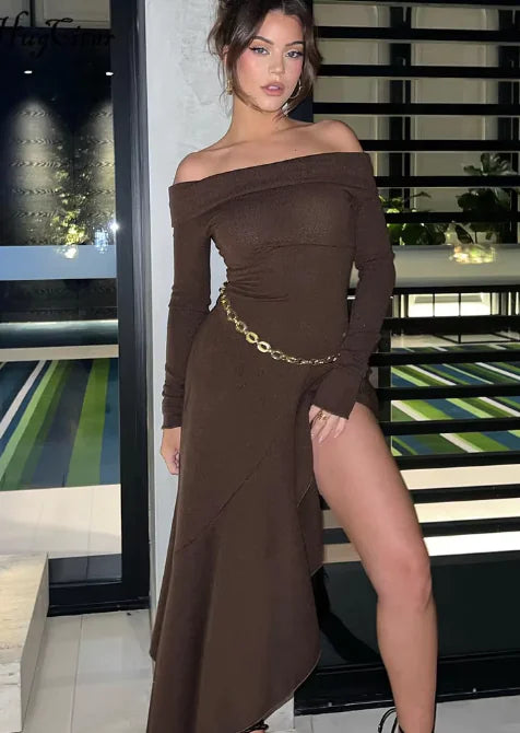 Elegant Long Sleeve Ruffled Dress in Brown