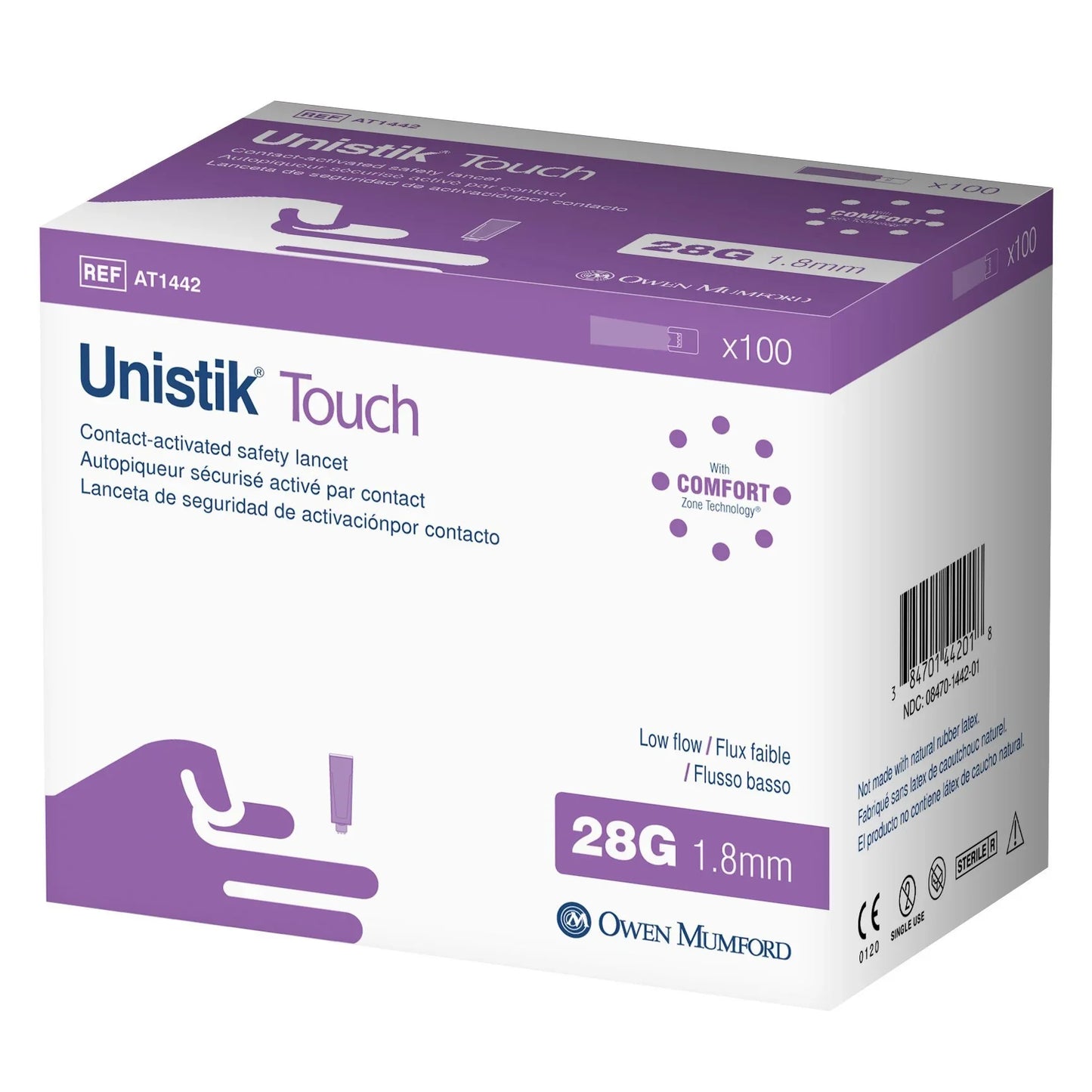 Lancettes de sécurité Unistik Touch à faible débit, 28G x 1,8 mm, 100 unités