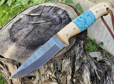 Artisan Damascus Hunting Knife with Olive Wood & Resin Handle by KBS Knives - Korvel