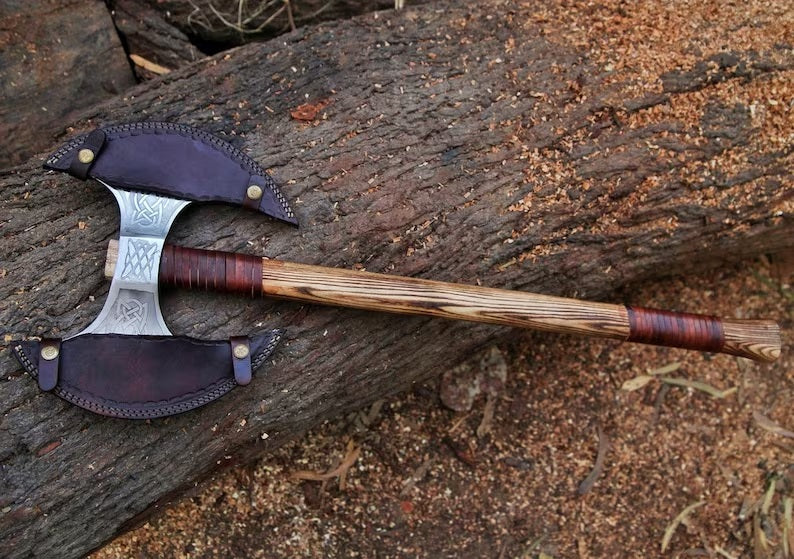 Handcrafted Double-Head Viking Axe | High Carbon Steel | Ash Wood Handle & Leather Sheath - Korvel