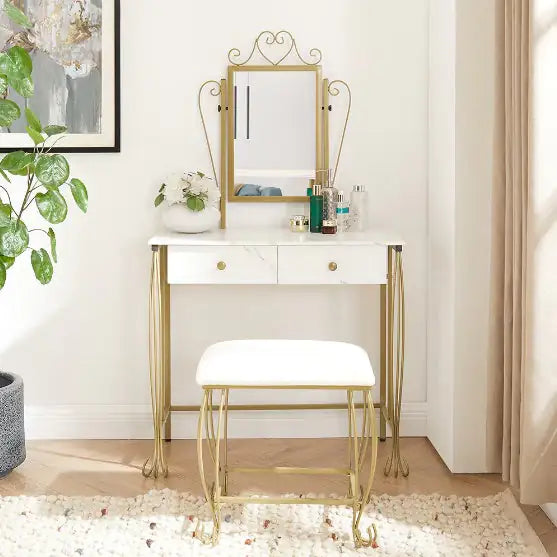 Ensemble de coiffeuse blanche élégante avec miroir et tabouret