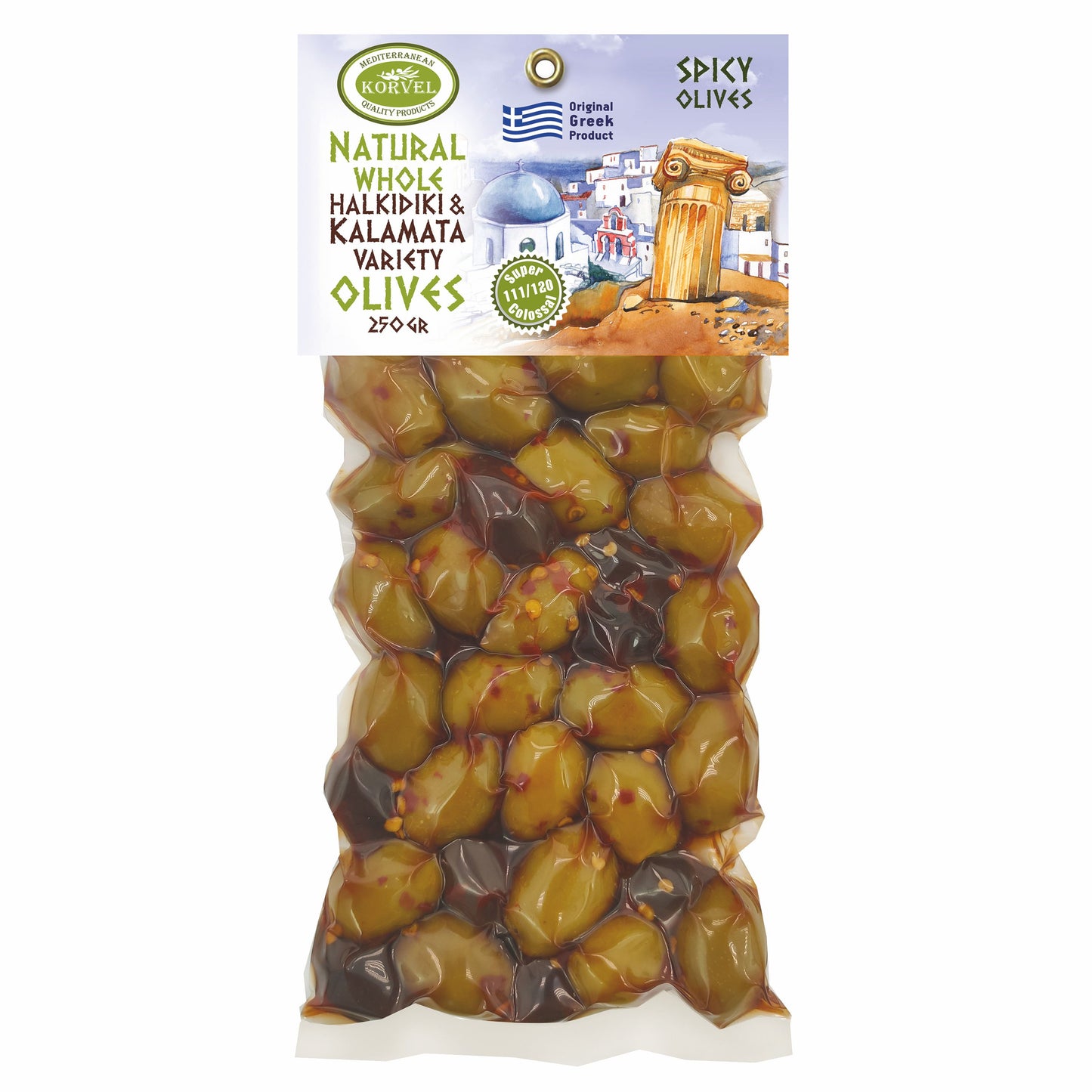 KORVEL Whole Green Olives with Paprika – Halkidiki Variety – Vacuum Pack – 8.81 oz (250g)