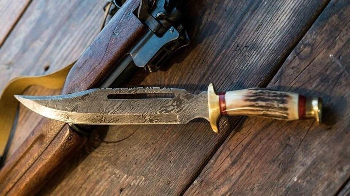 Premium Damascus Steel Bowie Knife – 13" with Stag Horn Handle & Brass Guard, Includes Leather Sheath - Korvel