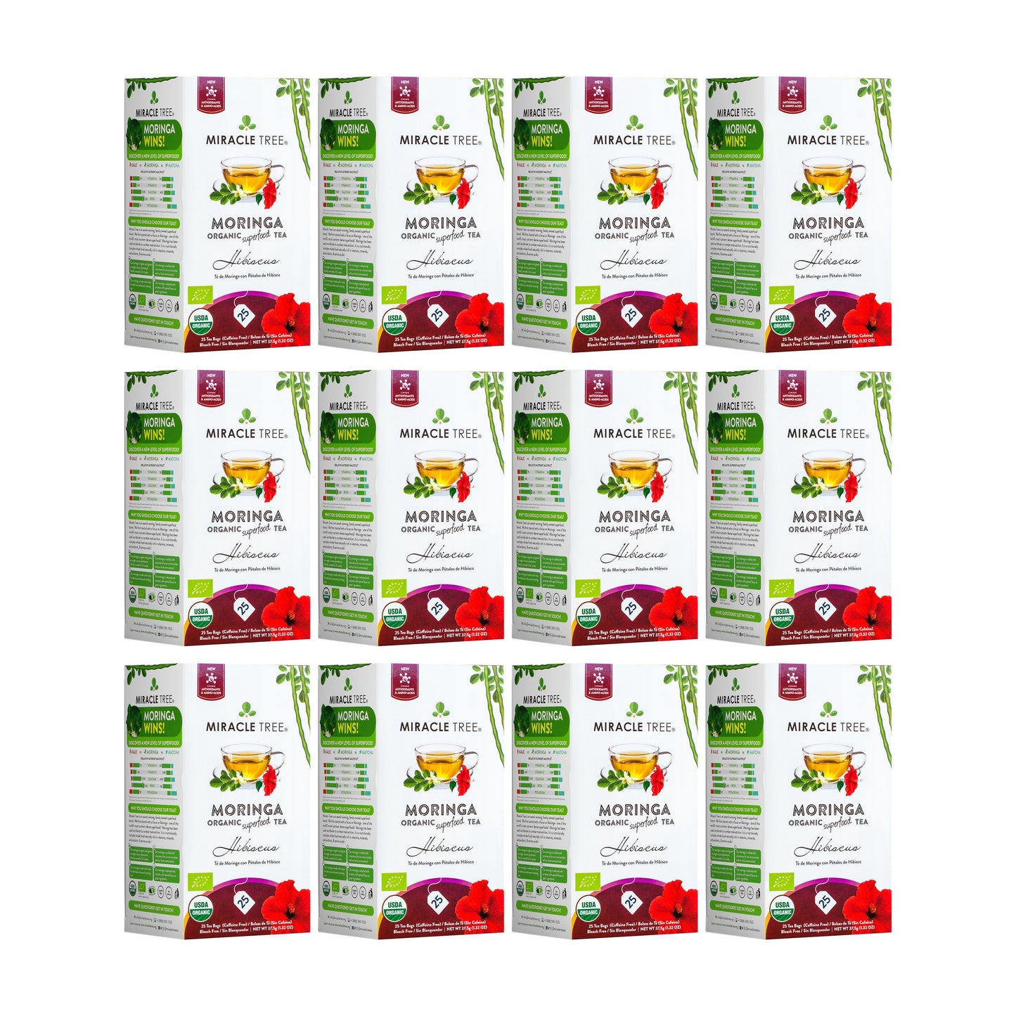 Thé biologique de Moringa et d'Hibiscus - 25 sachets emballés