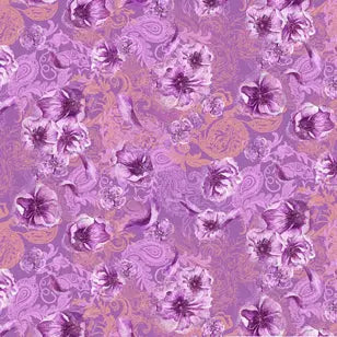 Watercolor Floral Purple Cotton Fabric - 44"/45" Per Yard