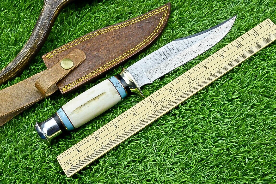 Rugged Handcrafted Boulder Colorado Knife – 11” Damascus Blade with Resin Handle & Leather Sheath - Korvel