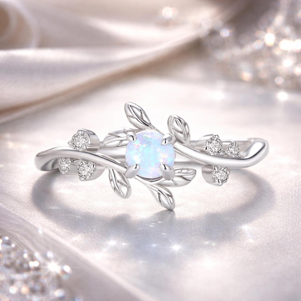925 Sterling Silver Opal & CZ Engagement Ring for Women