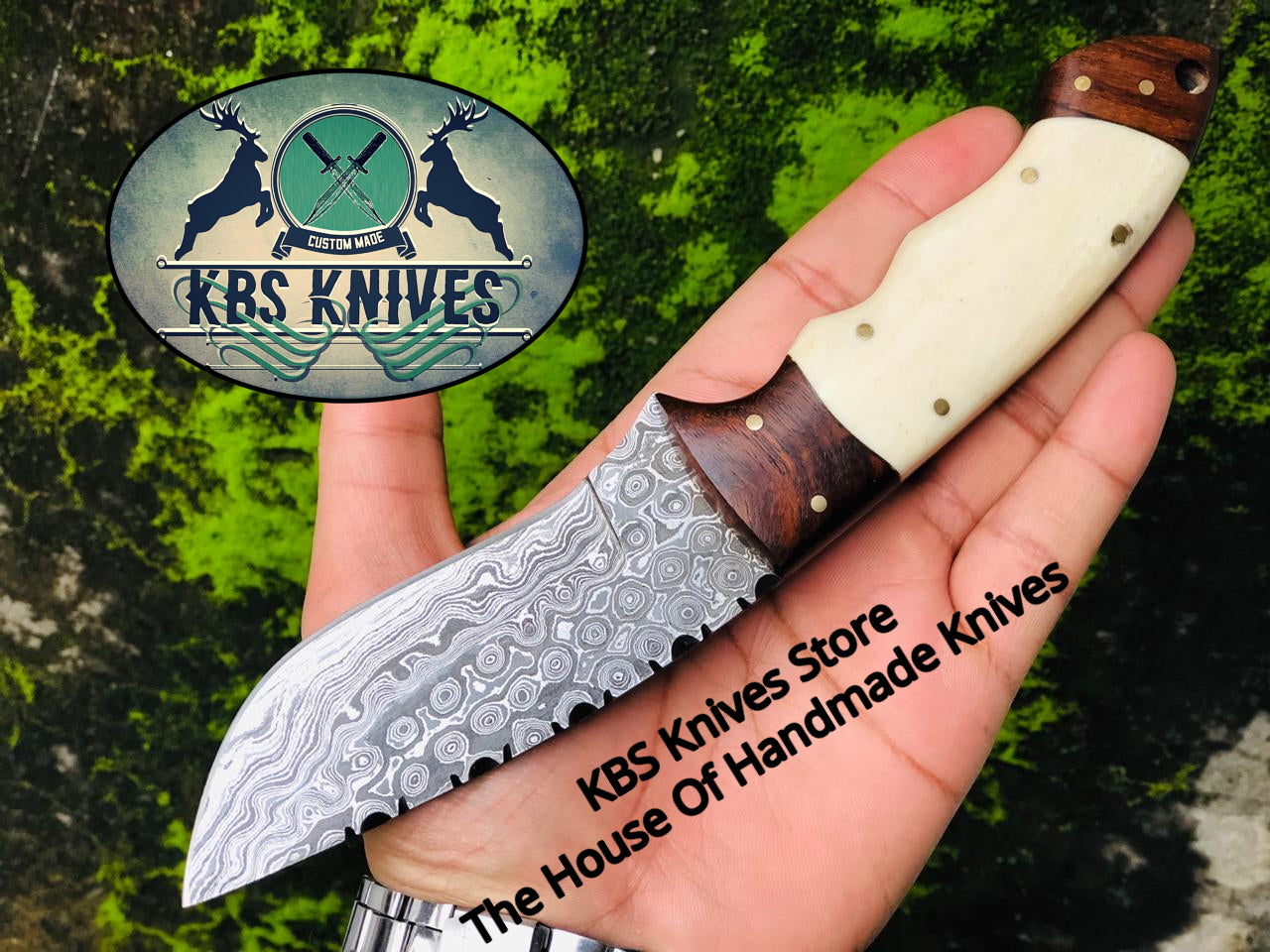 Premium Raindrops Damascus Skinning Knife - Elegant Rosewood & Bone Handle - 9-Inch Precision Tool - Korvel