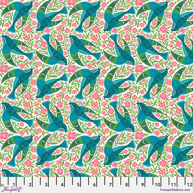 Tissu en coton blanc et bleu avec motif d'oiseaux - 44"/45" par yard