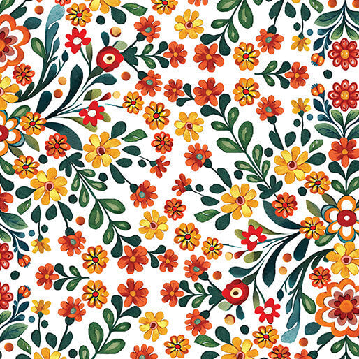 White Folklore Garden Cotton Fabric - 44"/45" Per Yard