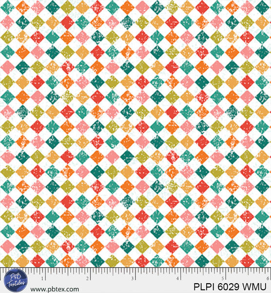 White Multi Square Geometric Cotton Fabric - Peace, Love, Pickleball