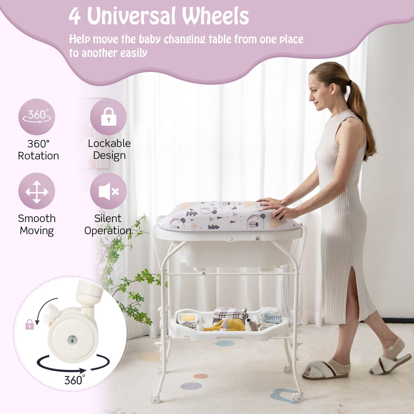 Table à langer pliable avec baignoire et roues - Blanc