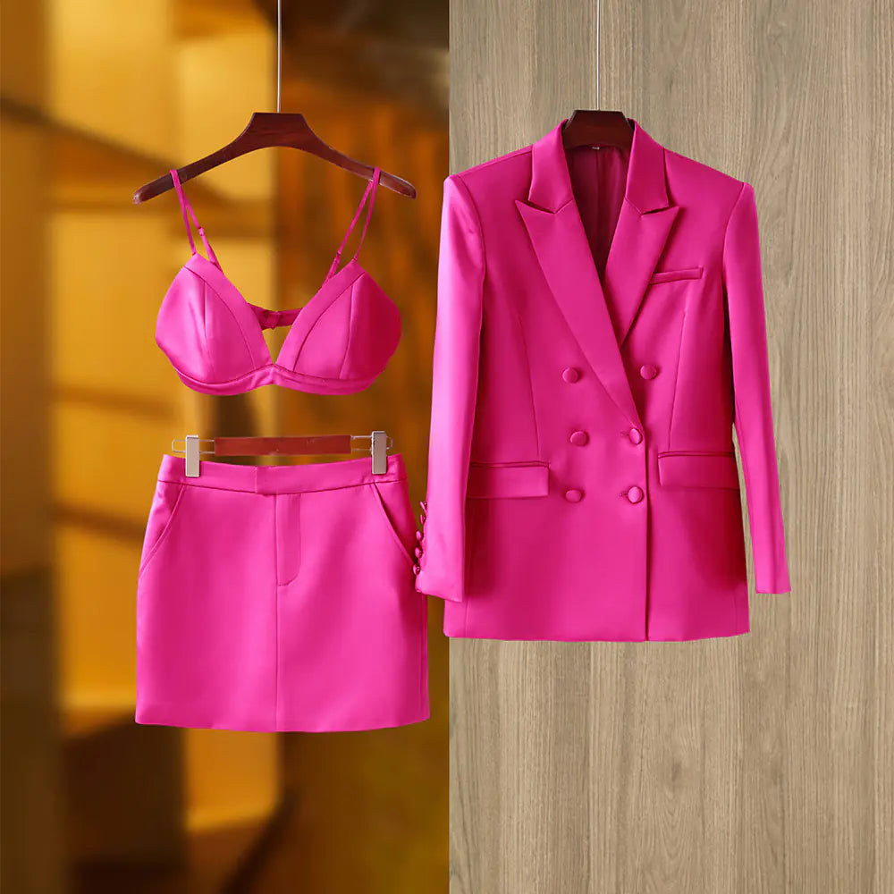Elegant Pink Satin Suit Jacket and Skirt Set