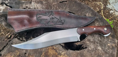 Premium Wild Pig Hunting Bowie Knife – Custom Handmade 15-Inch Full Tang 1095 High Carbon Steel Blade with Rosewood Handle & Leather Sheath - Korvel