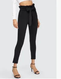 Elegant Frill Trim Bow Belted High Waist Pants