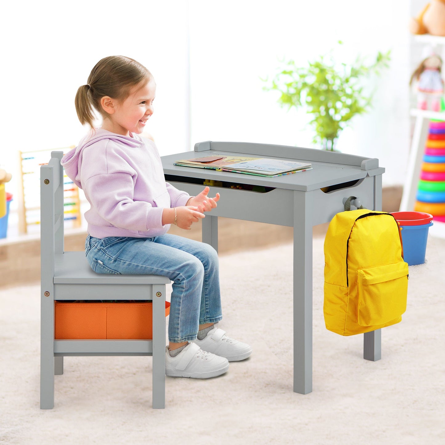 Ensemble de table et chaises d'activité en bois pour enfants avec rangement - Gris