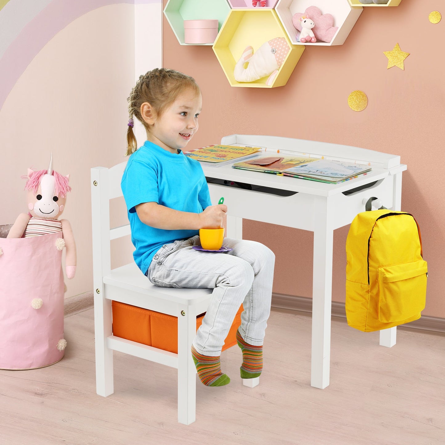 Flip-Top Wood Kids Activity Table and Chair Set - White