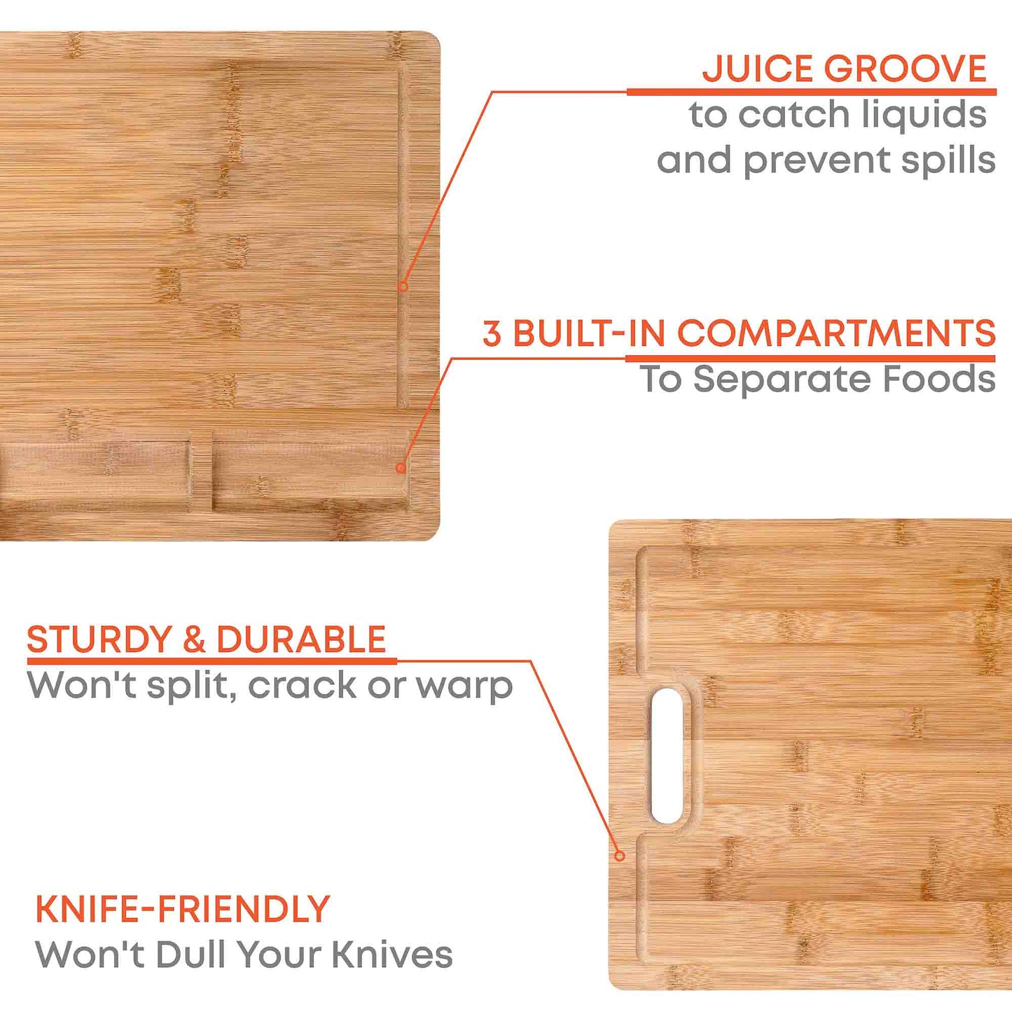 Extra Large Bamboo Cutting Board – 17"x12" Double-Sided with Juice Groove, 3 Compartments & Handle - Korvel