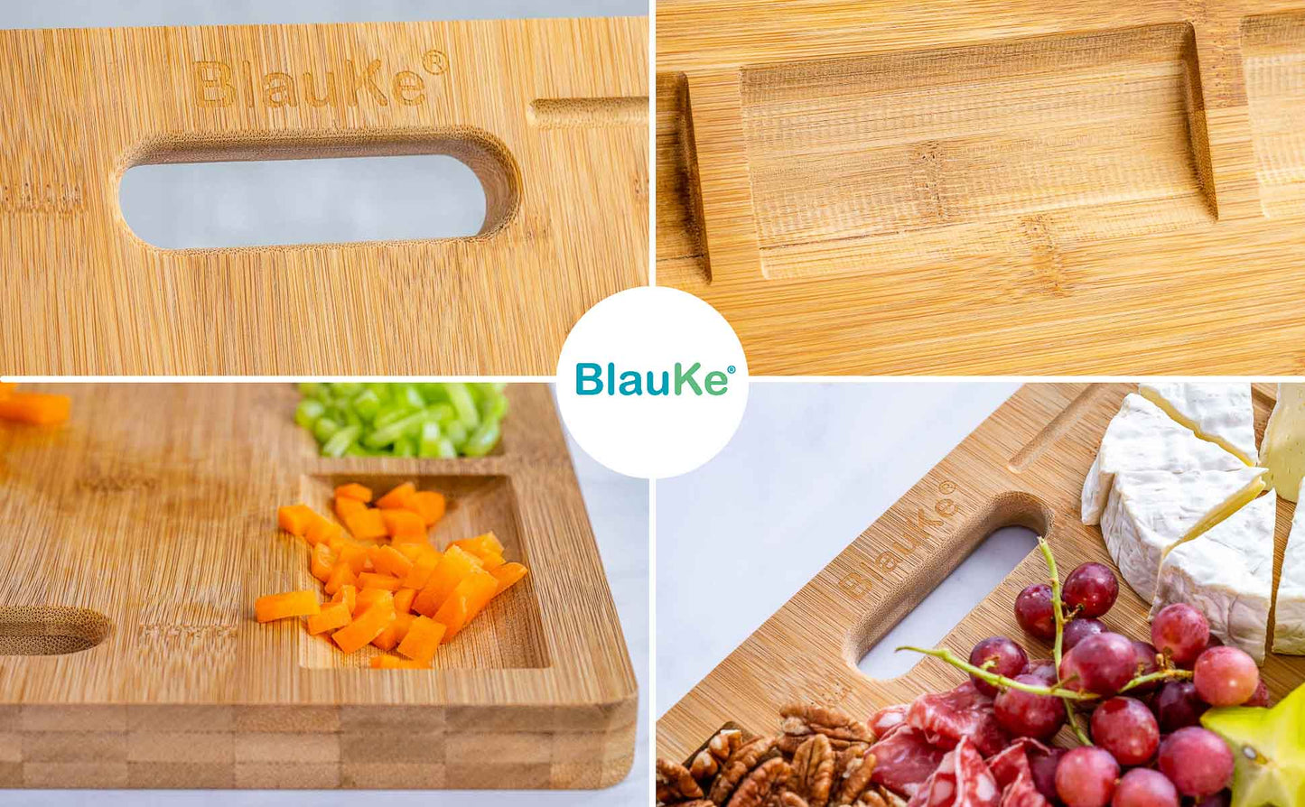 Extra Large Bamboo Cutting Board – 17"x12" Double-Sided with Juice Groove, 3 Compartments & Handle - Korvel