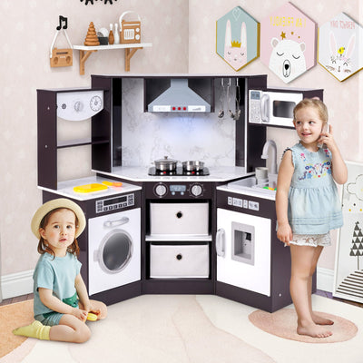 Wooden Kids Play Kitchen Set with Realistic Lights & Sounds