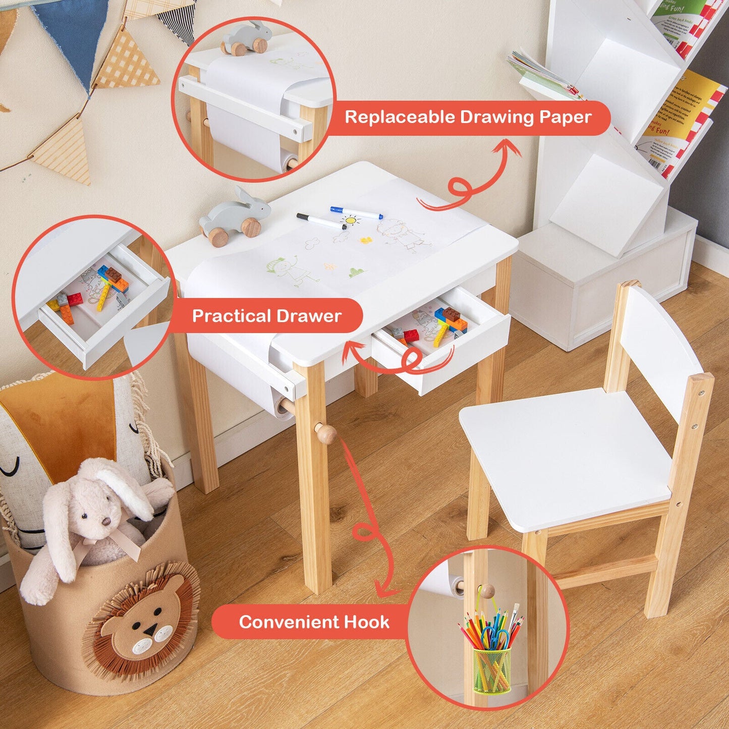 Ensemble de table et chaise d'art pour enfants avec tiroir et rouleau de papier - Blanc