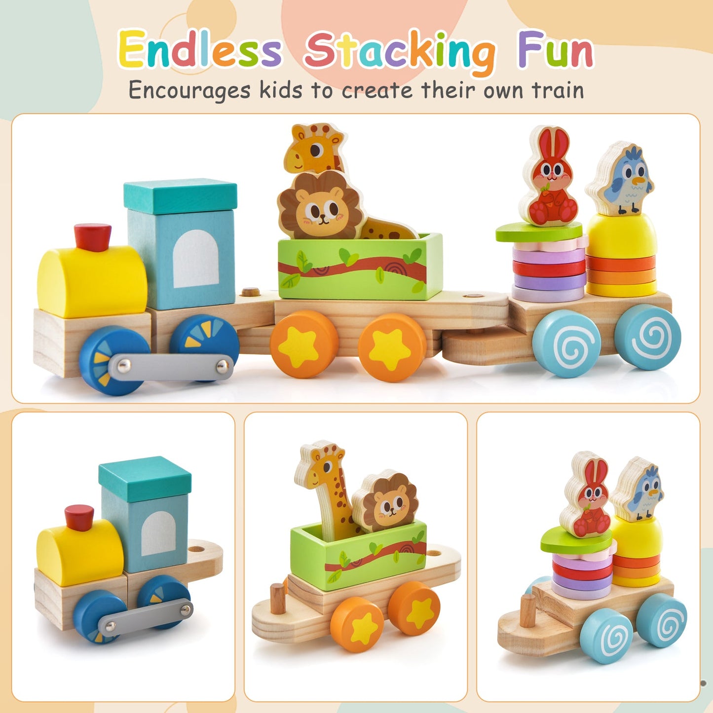 Juego de tren educativo apilable de madera con juguetes de animales coloridos
