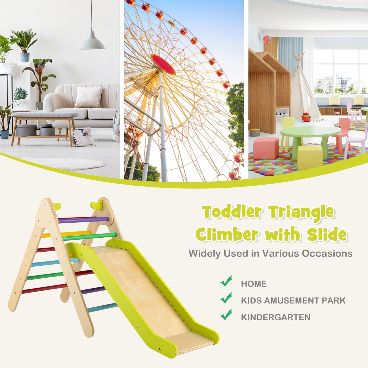 Juego de Escalera Triangular de Madera 2 en 1 con Tobogán Ajustable