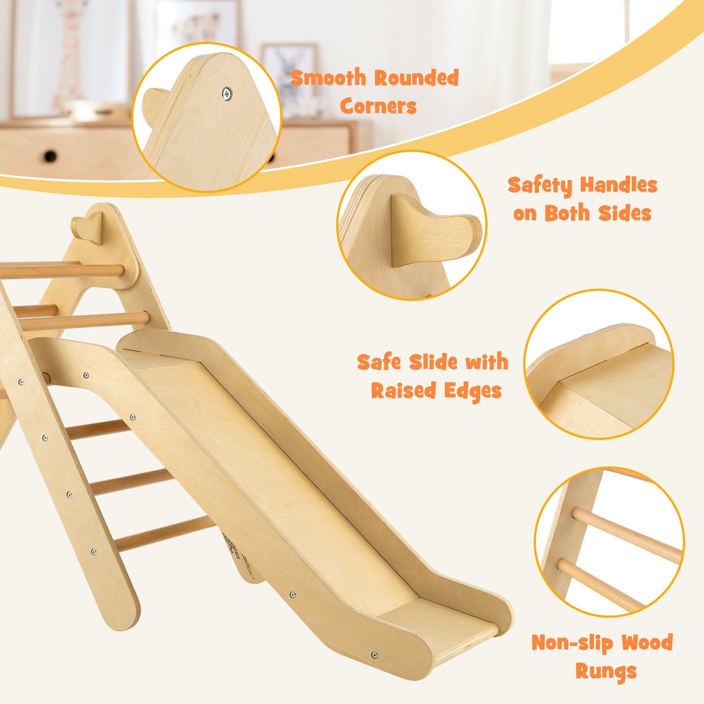 Set de Escalera Triangular de Madera 2 en 1 con Tobogán Ajustable