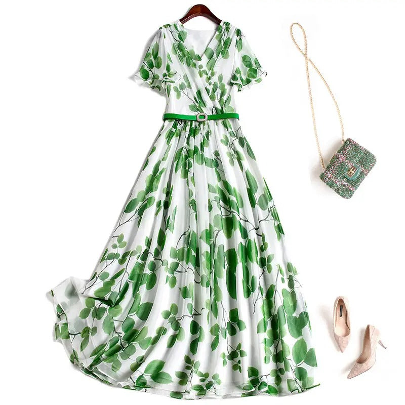 Robe midi à imprimé feuilles pour femmes en été