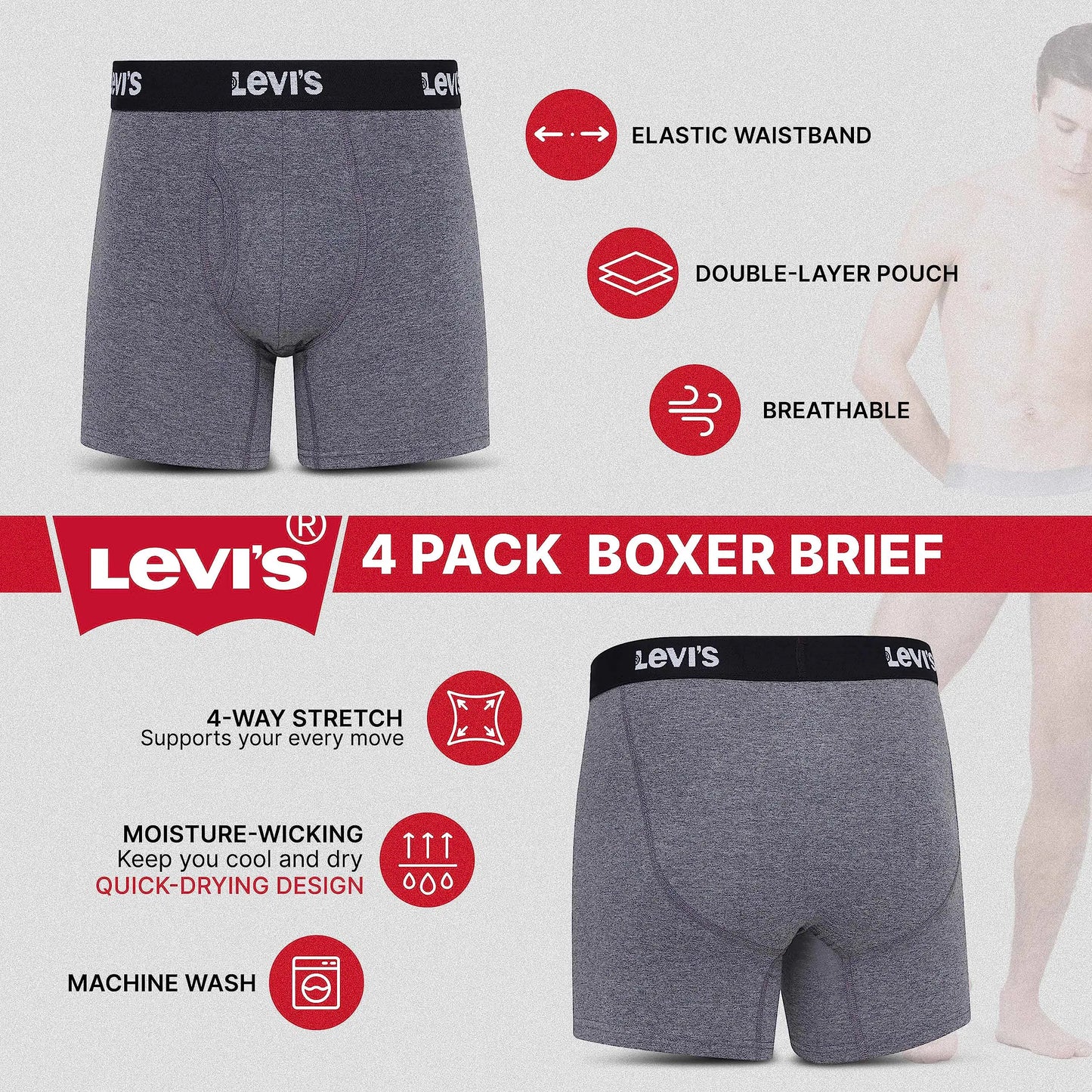 Pack de 4 bóxers para hombre de Levi's - Ropa interior elástica y transpirable