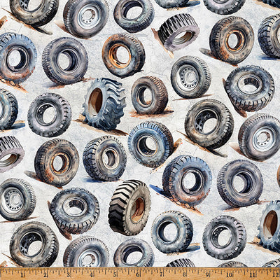 Light Gray Tires Hammer Down Cotton Fabric Per Yard