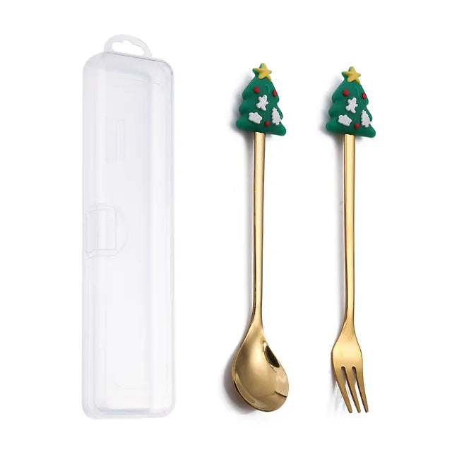 Juego de Cubiertos Navideño Festivo: Cuchara y Tenedor Elegantes
