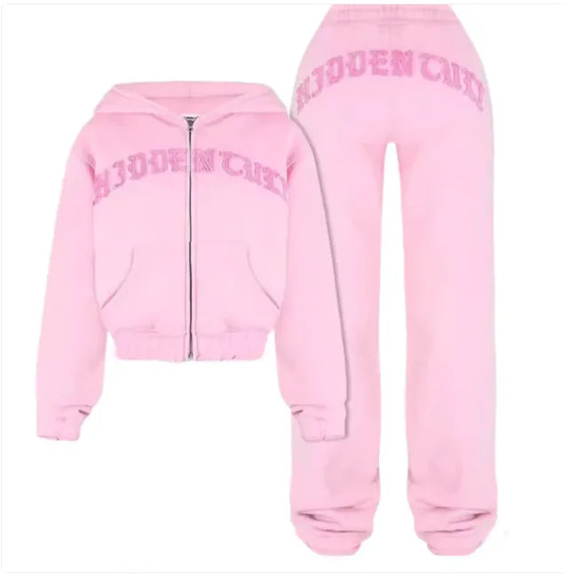 Ensemble de Sport Ins Letter : Sweat à Capuche Cropped avec Fermeture Éclair & Pantalons à Cordon