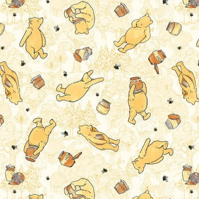 Tela de Algodón Amarilla Clásica de Winnie Bears - 43"/44" por Yarda