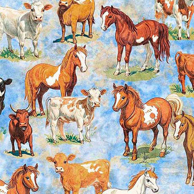 Yippie Ki Yay! Cows & Horses Light Blue Cotton Fabric