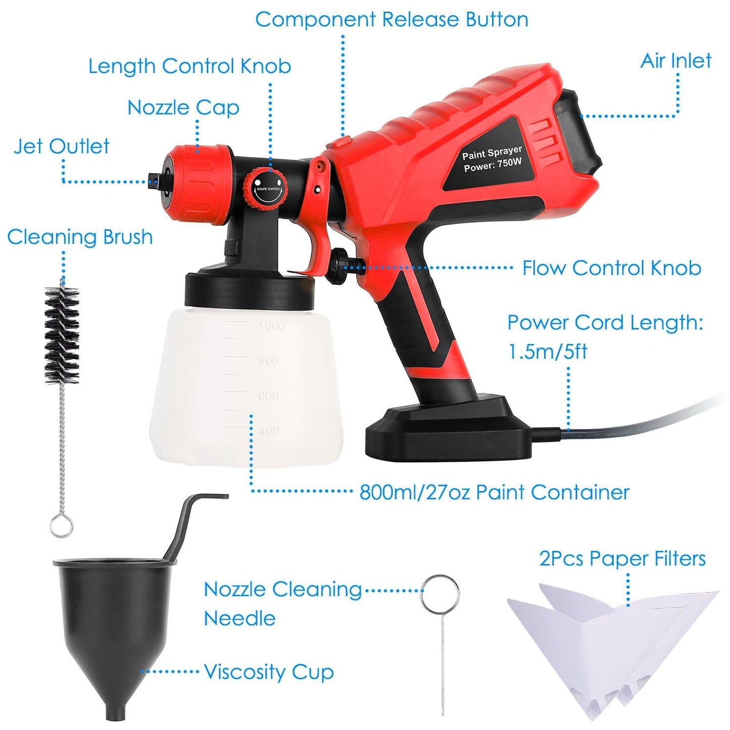 Pulverizador de pintura eléctrico HVLP de 750W con 3 patrones de pulverización