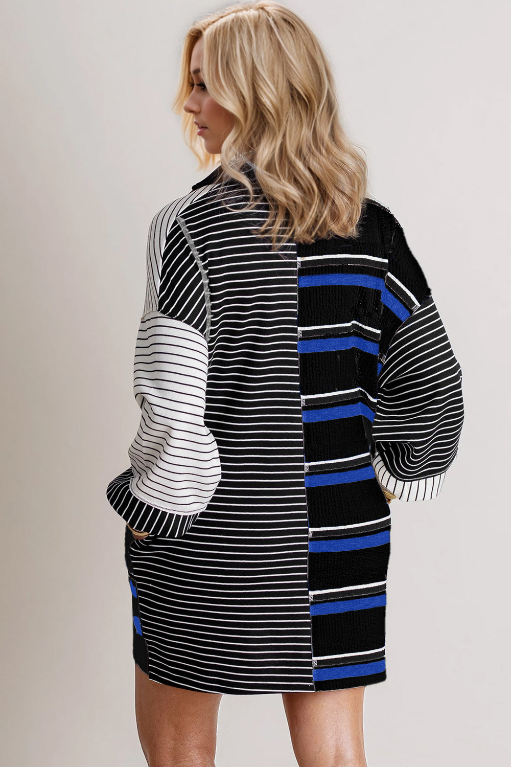 Trendy Striped Half Button Long Sleeve Mini Dress