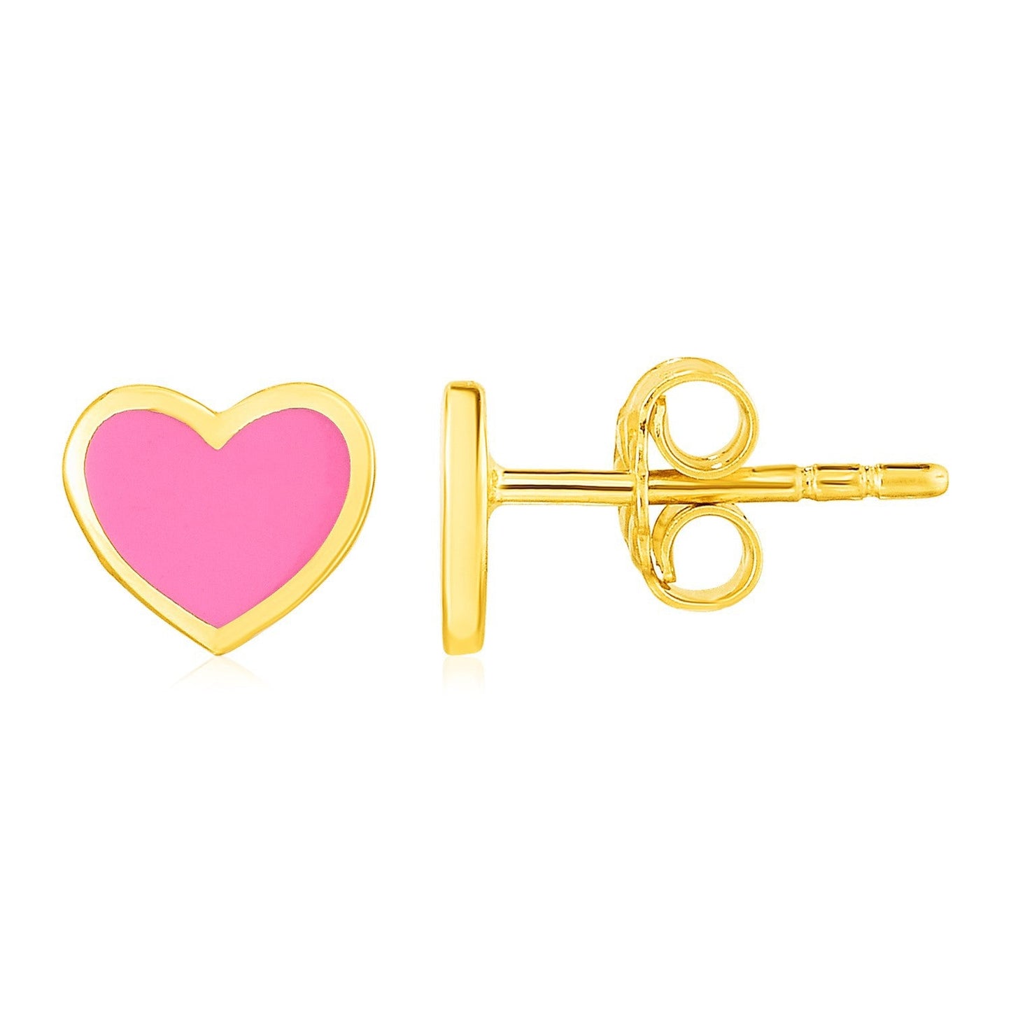 Pendientes de Stud en Forma de Corazón Rosa de Esmalte y Oro Amarillo de 14k
