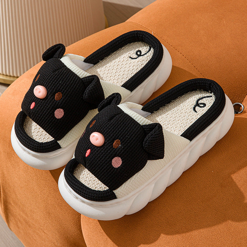 Piggy Cute Couple Open Toe Linen Cotton Linen Slippers - Korvel