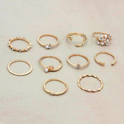 Mandotos Bohemian Star Moon Pearl Leaf 10-Piece Ring Set