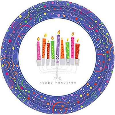 Amscan 8 Count Playful Menorah Happy Hanukkah Round Plates, 7"