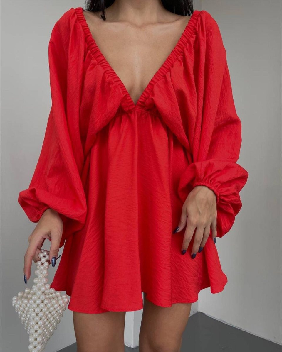 Vestido de Manga Lámpara con Escote en V para Mujeres